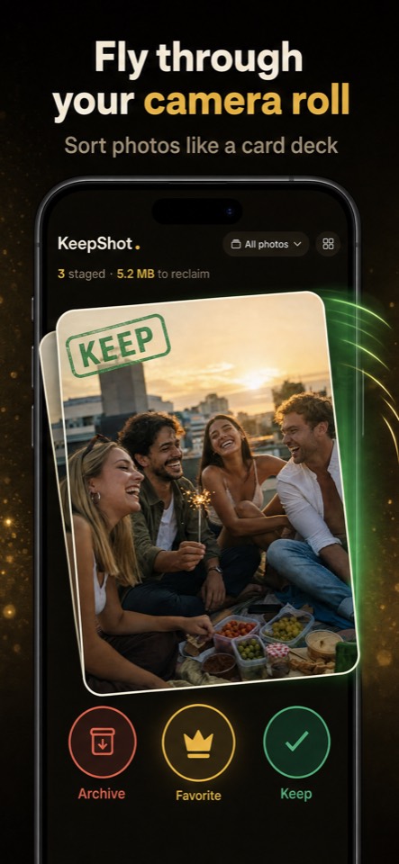 Screenshot: Fly through your camera roll — a photo card mid-swipe with a green Keep stamp