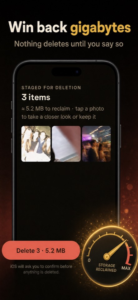 Screenshot: Win back gigabytes — three blurry photos staged for deletion with a Delete button